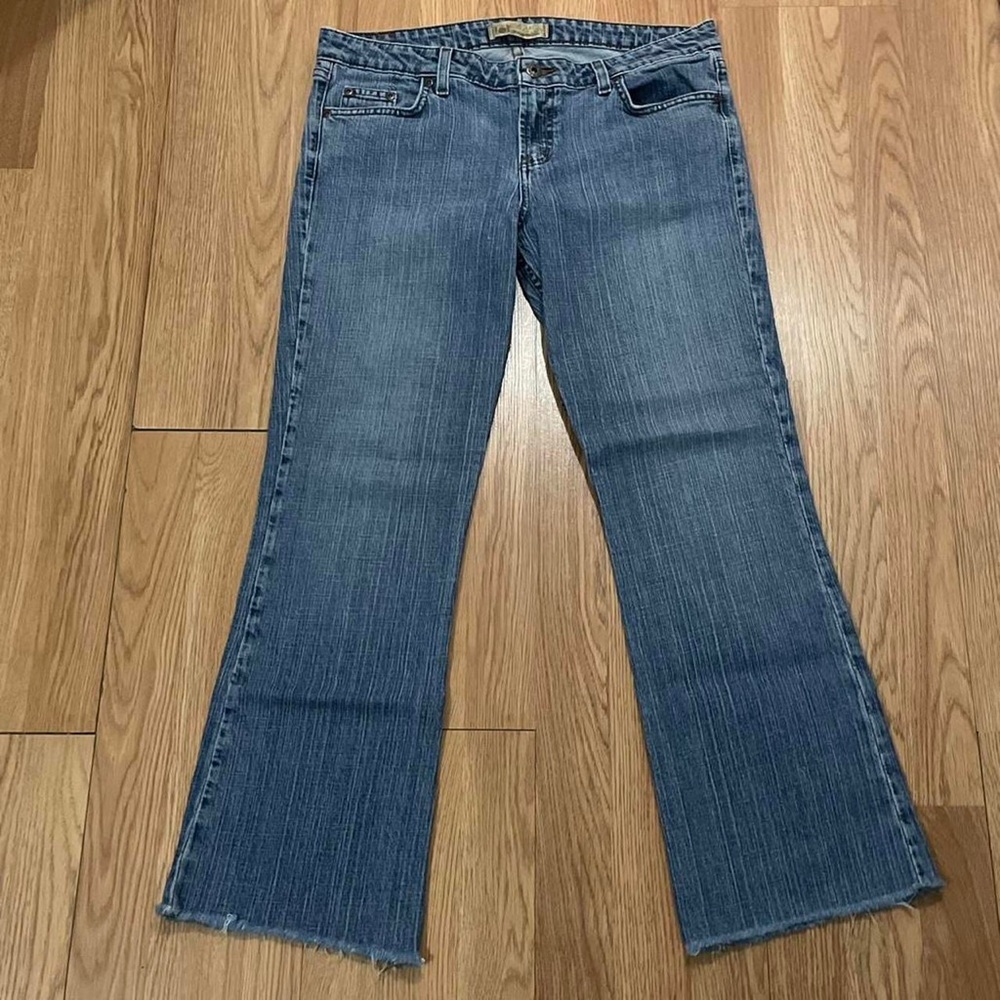 LEI Jeans Women Bootcut 11 (34x28) Raw Hem Medium Blue Back Flap Pockets Western - Picture 2 of 8